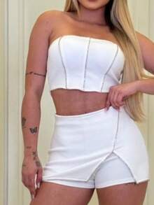 Women's Cropped Top And Short Set With Neoprene Skirt And Rhinestone Details New Year's Eve Collection - trắng - Xem 5