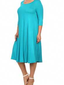 Plus Size Casual 3/4 Sleeves Basic A-Line Pleated Solid Midi Dress  Wedding - Jade - View 2