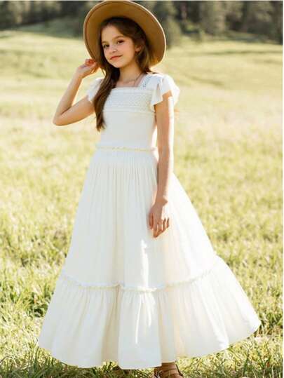 青少年女孩纯色蕾丝拼接露背荷叶边装饰节日连衣裙