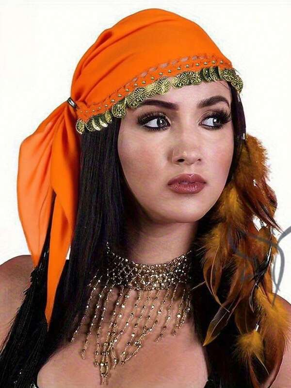 1 Stück Bohemian Piraten-Themen Bauchtanz Kopftuch - Schwarz mit goldenen & orangefarbenen Pailletten & Perlen, handwaschbare Hut Accessoire für Tanzaufführungen, Kostümpartys & kulturelle Veranstaltungen