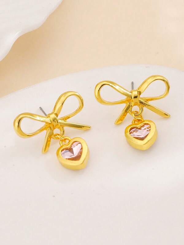 1 par de pendientes colgantes con lazo y corazón de color dorado, pendientes minimalistas con corazón de circonita rosa para mujer, pendientes con lazo y corazón para el Día de San Valentín, accesorio de joyería, regalo para mujer, regalo del Día de San Valentín para esposa o novia