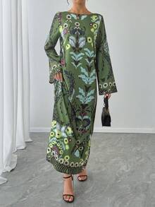 1 件女式花卉和叶子印花长袖超长连衣裙，绿色，休闲，度假，优雅阿拉伯风格长袍，奢华派对/节日连衣裙 - 綠色 - 查看 5