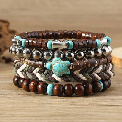 5Pcs/Set Bohemian Turquoise Turtle & Wooden Bead Bracelet Set Retro Wax Rope Wo…