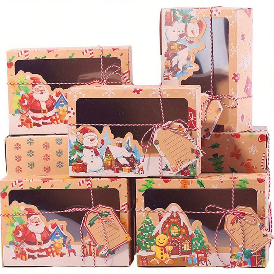 27pcs Christmas Cookie Box Set With Window, Large Holiday Food Bakery Gift Box, Pastries, Candies, Party Favors, Christmas Kraft Paper Gift Home Decor Christmas Decorations Room Decor
