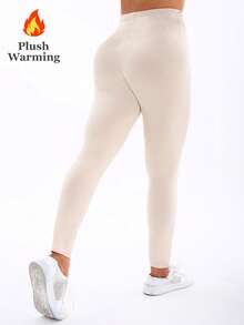 1 Pack Women's Thermal Lined Khaki Leggings, Fashionable Casual Elegant High Stretch Skinny Pants, Suitable For Home, Workout, Yoga, Fitness, Outdoor, Travel, Party And More, Soft And Comfortable - Khaki - View 9