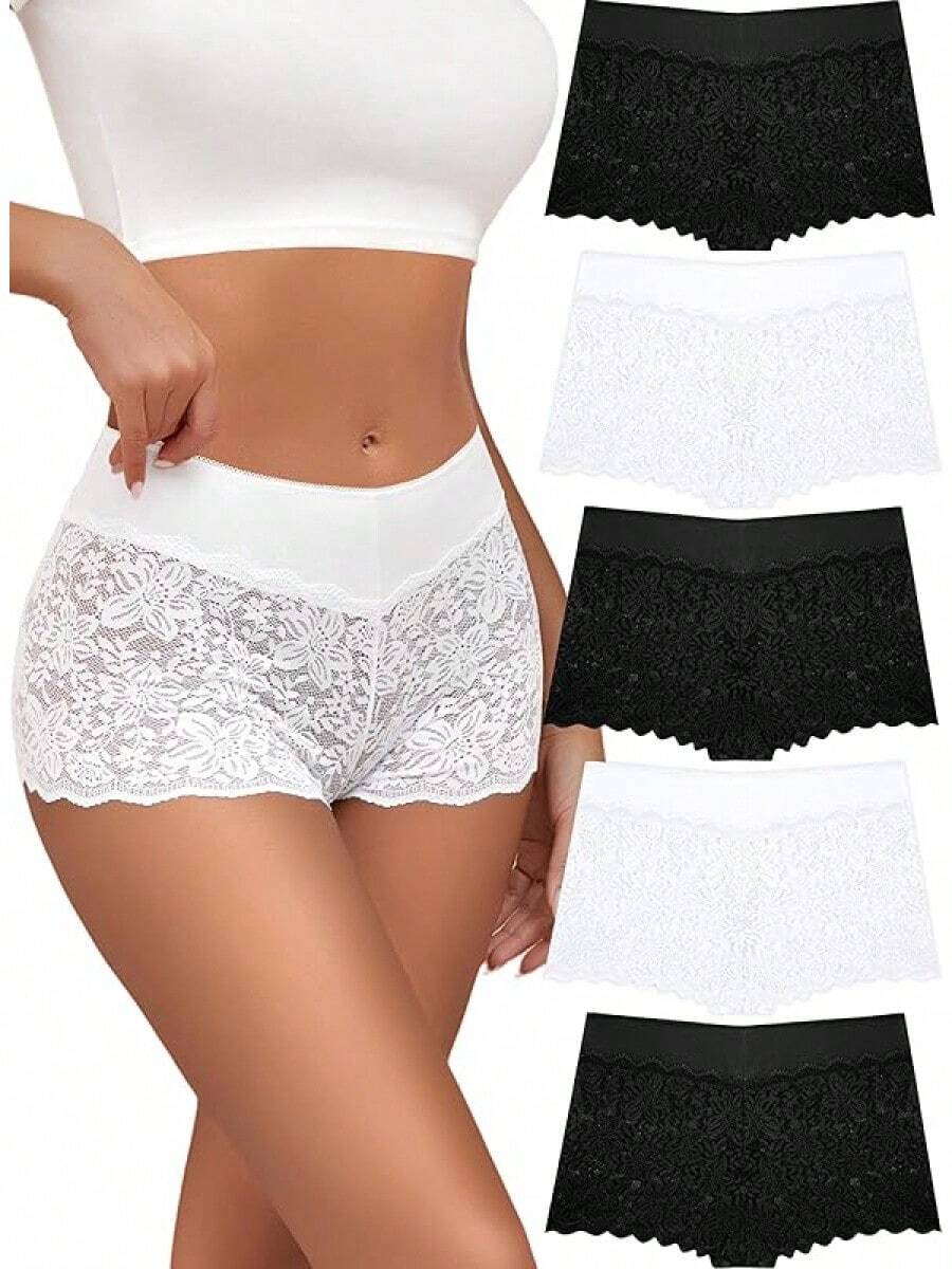 Lace Boy Shorts Cheeky Panties Breathable Womens Underwear Stretch Cotton Waistband Underwear Women 5 Pack - C-多色(5個裝) - 查看 1