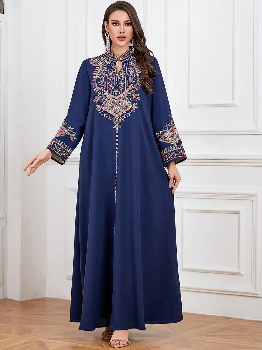 Women's Arabic Embroidered V-Neck Dress, Fashionable For Banquet, Home And Daily Wear, Autumn/Winter Ramadan - Navy Blue - View 1