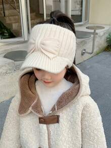 1 件女童可爱蝴蝶结针织帽，温暖厚秋冬休闲户外婴儿帽 - 米色 - 查看 6
