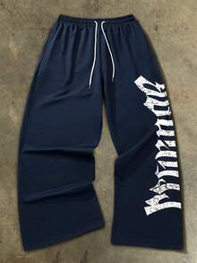 Men's Letter Print Drawstring Waist Straight Leg Long Casual Pants, Suitable For Outings, Gothic Style, Rave Parties, Back To School, Sports, Fitness, Autumn Season - 藏蓝色 - 查看 9