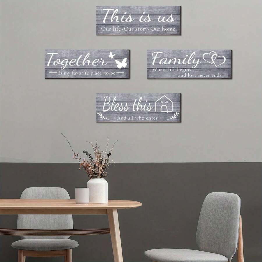 4 Pcs Of Home Wall Art, Easter Warm Verses, Inspiring Ideas And Front Door Decoration, Bathroom Decoration, Home Bathroom Living Room Wooden Sign 14.2*6.7 Inches /36*17 Cm Decoration Party Gifts, Birthday Graduation - 灰色 - 查看 1
