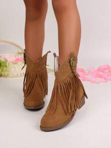 1 双经典流苏时尚百搭高跟防滑四季儿童靴子，日常穿着度假平底靴，中筒复古度假休闲女童靴子适合日常装扮 - 棕色 - 查看 3