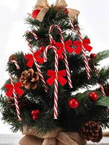 24pcs-Plastic Candy Cane With Red Bows,Candy Cane Christmas Decorations, Glitter Candy Cane With Bows Crutch Pendant, For Christmas Tree Hanging Decorations, Christmas Tree Party Decorations,Holiday Decor Wedding, Birthday, Graduation ,Christmas, Halloween, Thanksgiving, New Year's Indoor Festive Decorations,Christmas