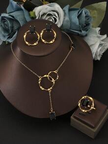 4 件套经典几何简约项链 + 耳环 + 戒指首饰套装，镀层，适合派对、节日礼物 - 彩色 - 查看 9