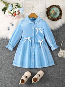 Elegant & Fashionable Casual Solid Color Turndown Collar Long Sleeve Bow Decor Girls Dress, Autumn/Winter