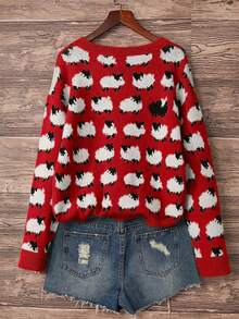 Sheep Pattern Crew Neck Sweater, Casual Long Sleeve Knit Pullover, Women - Red - View 2