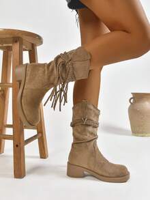 Ghete retro pentru femei cu toc înalt, material tip piele întoarsă, design cu șnur, ghete casual la modă, confortabile și versatile - Kaki - Vizualizare 4