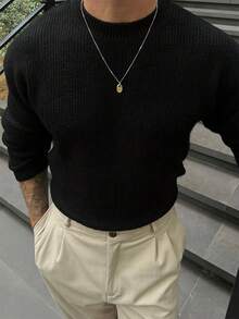 Men Plus Round-Neck Casual Solid-Color Long-Sleeved Knit Sweater For Early Autumn, Winter - Black - View 3