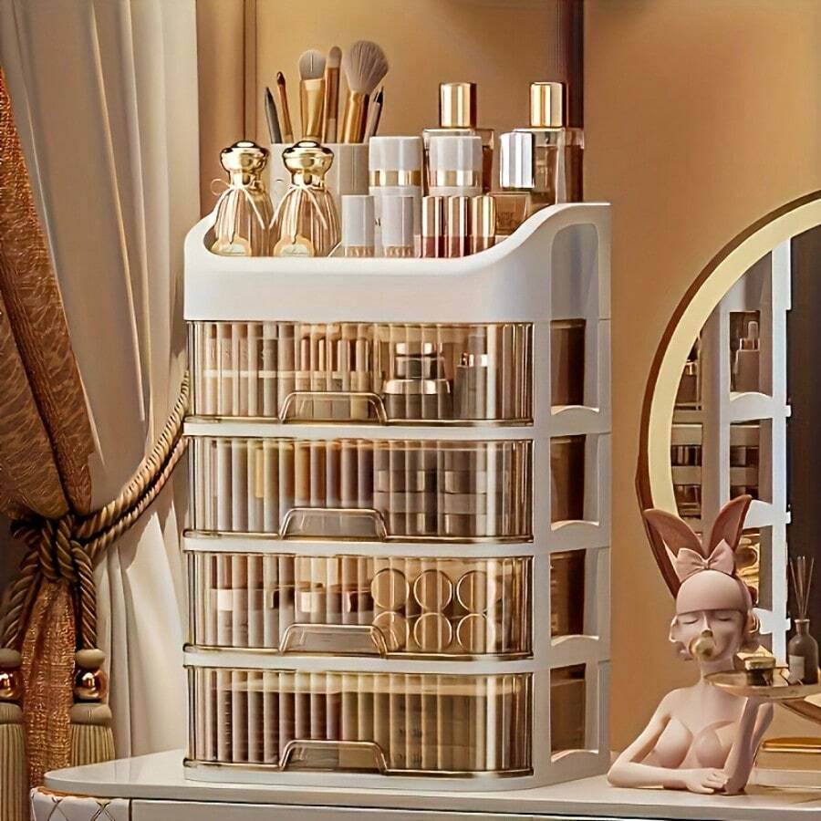 3-5 Layer Expandable Plastic Cosmetic Storage Box - Plug-In Installation Cosmetic Storage Display Cabinet With Multiple Compartments For Storing Brushes, Lipstick, Skincare Products - Fragrance Free - Milk Tea Color 5 Layers - View 1