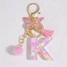 1个个性化粉色字母钥匙扣，配有可爱蝴蝶吊坠 - 树脂材质，爱心亮片字母吊坠钥匙扣 - 时尚配饰，适用于包包、背包和车钥匙 - 是送给女性和女孩的理想圣诞礼物，可作为包包配饰、挂绳、证件夹、汽车配饰、包包挂饰、汽车配件、老师、朋友、姐妹的礼物 - 粉色 - 查看 20