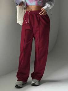 女士纯色户外运动运动裤、休闲健身慢跑裤 - 酒紅色 - 查看 5