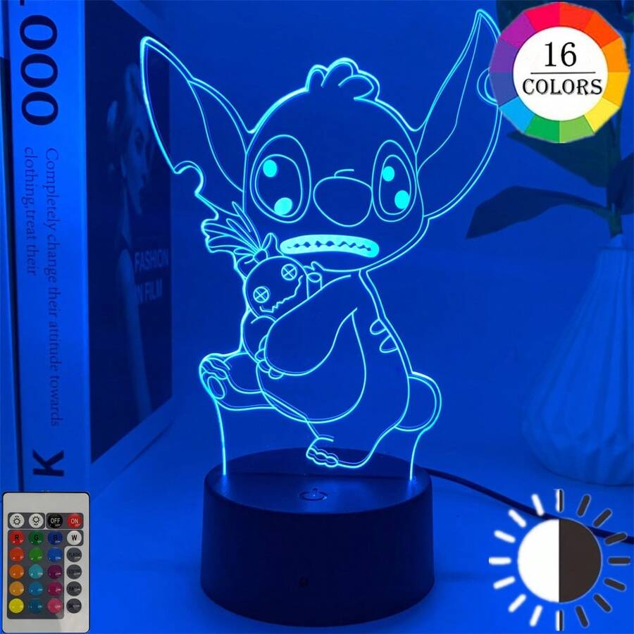 Disney Anime 3D Night Light Lilo And Stitch Figure Merch 3D Illusion Cute Anime Lamp Gift For Son Grandson Child Kids Birthday Christmas Present Night Light Bedroom Decorations For Boys Girls Anime Stuff Goods Stitch Night Lamp Decor