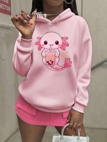 1 pezzo Felpa casual e carina con stampa grafica per ragazze pre-adolescenti, colore rosa, foderata termicamente, adatta per autunno/inverno, abbigliamento esterno per studenti/giovani - Rosa - Visualizzare 8