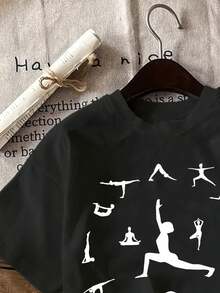 Women's Soft 100% Cotton Yoga Graphic Tee - Short Sleeve, Black With White Yoga Pose Print, Casual Graphic Tees; Comfortable Activewear For Spring/Summer, Summer Tshirt | Artistic Print Top | Relaxed Fit Top - Black - View 2