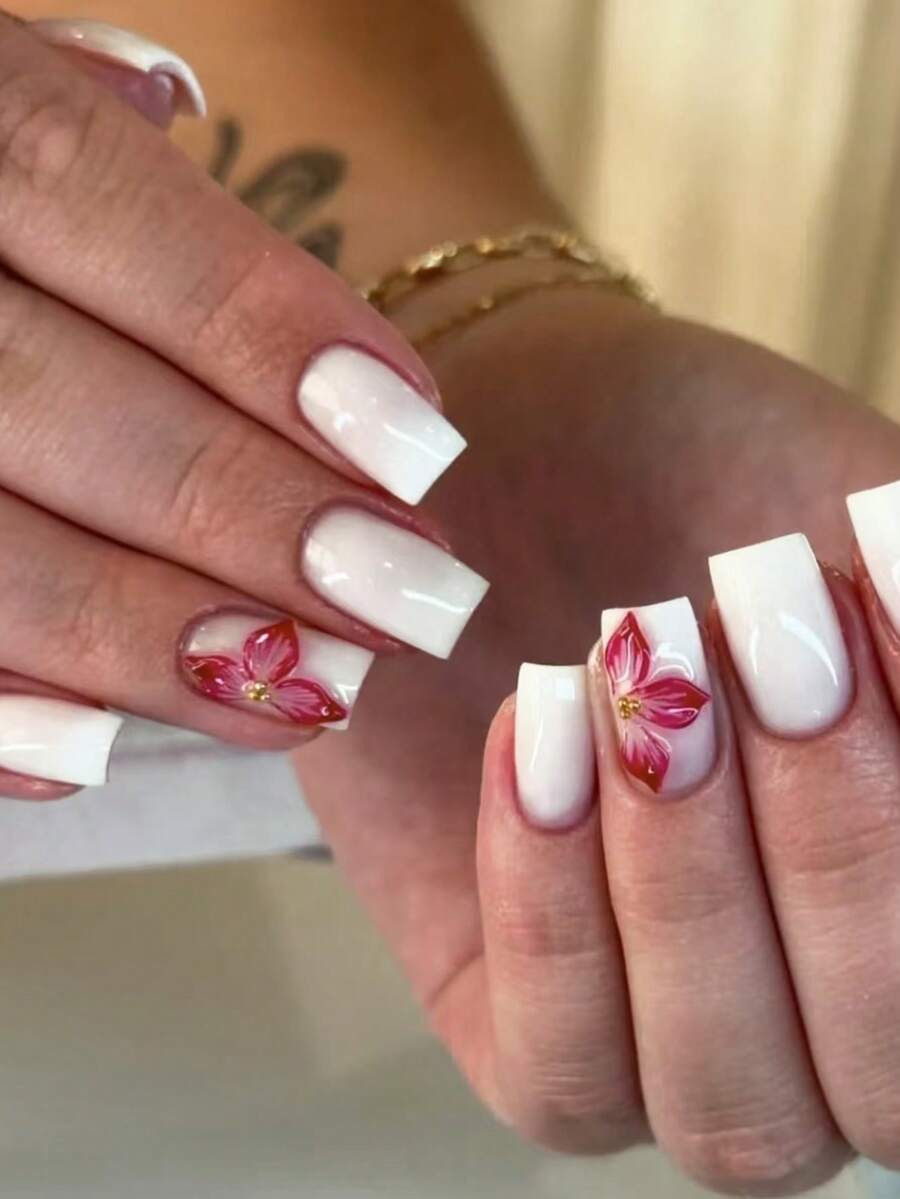 24Pcs Short Square 3D Flower Gel Nail Makes With Small Steel Balls Decorate Design White Acrylic Press On Nails Perfect Fit False Nails Kit, Including: 1pc Jelly Gel And 1pc Nail File. Easy To Wear Summer Nails And White Nails For Woman Girl Daily Work Wear Rave Party Use Nail Supplies - White - View 1