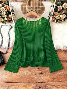 Women's Long Sleeve Solid Color Lace Patchwork Sheer Hollow Out Sweater Spring - Army Green - View 2
