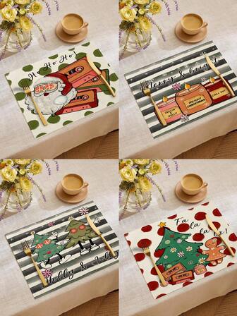 4pcs/6pcs/60pcs Christmas Placemats, Santa Claus, Holly, Gingerbread Man Linen Placemats, Stain Resistant Placemats, Suitable For Home, Restaurant, Dining Table Decor, Home Goods