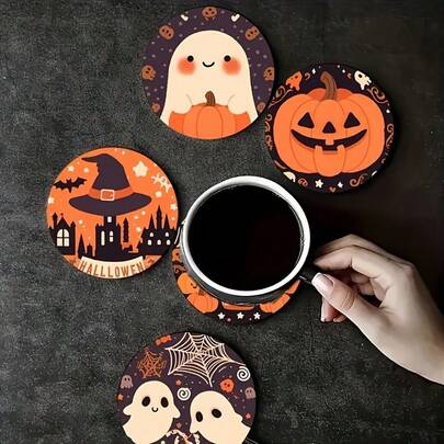 1 Set Of 6, Halloween Pumpkin Printed Wooden Coasters, 10cm, For Mugs, Home Kitchen Table Decorative Mats, Kitchen & Dining Room Accessories, Kitchen Decor, Home Decor, Tabletop Decor, Halloween Decor, Choose From 1 Set Or 31 Sets,Coaster Set,Coasters Drink Coasters,Coaster For Cup At Home