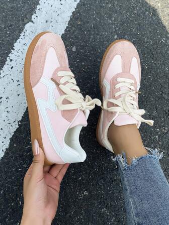 女士休闲帆布运动鞋，百搭时尚平底防滑系带圆头橡胶底休闲鞋，拼色日常装扮，鞋子，休闲鞋尺码 35-41，