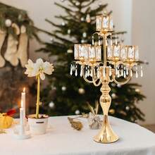 1pc/2pc Gold 5 Arm Pendant Square Crystal Table Decor 22 Inch Candle Holder, Classic And Elegant Table Centerpiece Atmosphere Candle Holders For Gift Wedding Party Home Decor,Halloween, Christmas Decorations - Gold - View 9