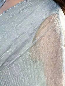 Fashion Light Green Dress: V-Neck And Waist Delicate Pearl Decor, Flowing Butterfly Sleeve Shiny Fabric Making Elegant Style