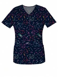 Women's Heart Print V-Neck Short Sleeve Nurse Uniform Top With Pockets, Spring/Summer - Multicolor - View 3