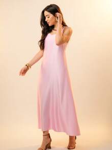Italian Style Boat Neck Sleeveless Fitted Dress For Women - Pink - View 4