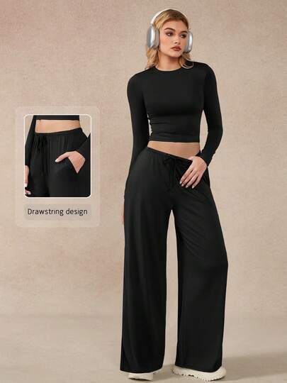 NcmRyu 1 Set Women Comfortable Casual Solid Color Round Neck Wide Leg Straight Loose Fit Long Sleeve Fitness Workout Running Outdoor Sports Suit