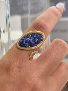 1pc Elegant Oval Textured Natural Stone Jewelry, Geometric Criss-Cross 18K Gold Plated Stainless Steel Adjustable Ring, Suitable For Women, Couples, Daily Wear, Parties, Halloween, Gifts For Friends