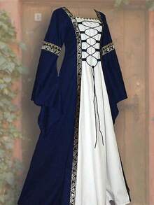 European And American Square Collar Tied Waist Dress, Medieval Renaissance Dress, Halloween Costume - 黑色 - 查看 19