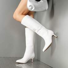 Women's Knee-High Boots, Comfortable Chunky Block Heel Pointed Toe Pull On Side Zipper Suede Slouch Riding Boots - White - View 7