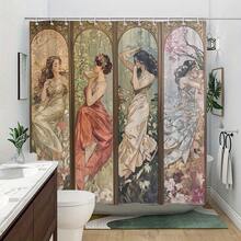 1pc Art Nouveau Women Triptych Shower Curtain - Three Women In Flowing Dresses Set Against Floral Backgrounds - Vintage Bathroom Decor - Polyester Fabric Shower Curtain - 12 Hooks, Bathroom Decor, Home Decor, Bathroom Essentials, Farmhouse Home Decor - 白色 - 查看 5