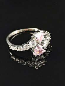 1pcs Snake-Shaped Geometric Pink Diamond Inlaid Light Luxury Copper Silver Women's Open Ring Suitable For Daily Party Banquet Dance Wear - 粉色 - 查看 5