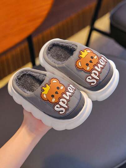 1 Paar Kinderpantoffeln mit Plüschfutter und Cartoon-Motiv, Hausschuhe mit dickem Boden und Kaninchenfellfutter für Jungen und Mädchen, Kleinkind/Kleinkind/Großkind, Herbst/Winter