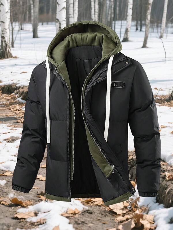 Jaqueta de inverno masculina preta com capuz | Casaco acolchoado para clima frio, ideal para deslocamento urbano, estilo noturno e uso casual ao ar livre | Camada acolchoada versátil