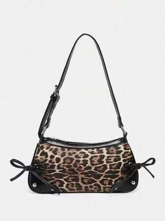 1pc Vintage Ribbon Bow Decor Exposed Strap Red Leopard Print Shoulder Armpit Baguette Bag, Suitable For Dating, Street, Party