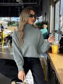 FOR BEAUTY 女士高领浅灰色简约通勤风毛衣，时尚修身，优雅时尚，罗纹长袖休闲日常通勤宽松针织套头衫，新年必备 - 淺花灰 - 查看 2