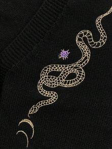 Áo khoác len ngắn tay dáng rộng cổ chữ V thêu họa tiết cây cỏ và rắn theo phong cách Gothic - Món đồ cơ bản hàng ngày cho mùa thu và mùa đông. Màu đen. - màu đen - Xem 4