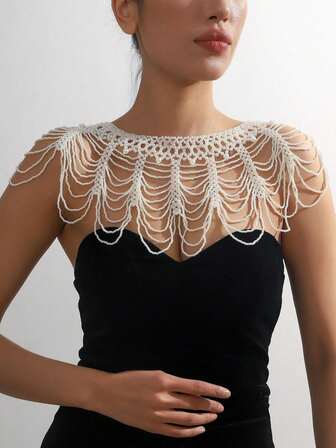 New Handmade Beaded Woven Faux Pearl Multi-Layer Body Chain Necklace, Versatile & Elegant For Women