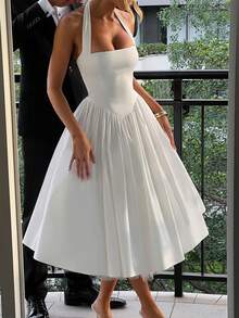 Women Solid Color Tutu Dress Elegant Tie-Up Halter Neck Pram Corset Dress Sleeveless Open Back Cross A-Line Long Tank Dress Party Cocktail Weeding Guest Dress - 白色 - 查看 2