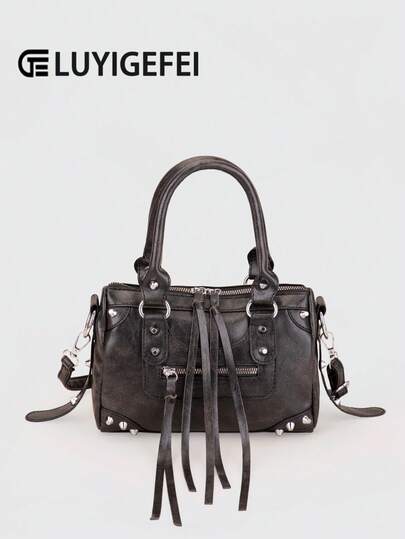 1 st vintage sliten svart lapptäcke nitprydd metall tofs dragkedja dekor retro PU-material bältesdekor nitprydd dubbelt topphandtag justerbar axelrem dragkedja stängning mode retro söt chic motorcykelväska y2k punk stil fyrkantig handväska för kvinnor, avslappnad lågmäld lyxig stil kvinnor axelväska passar telefon, korthållare, lämplig för dagligt, resor, shopping